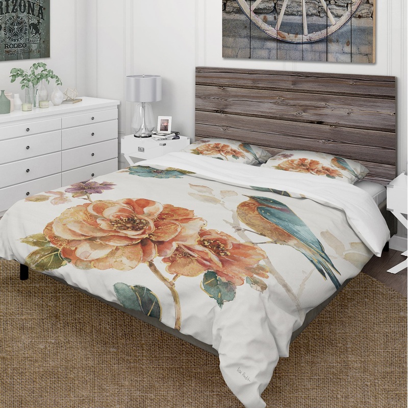 Cottage Bird on Orange Flower Twig - Cottage Duvet Cover Set