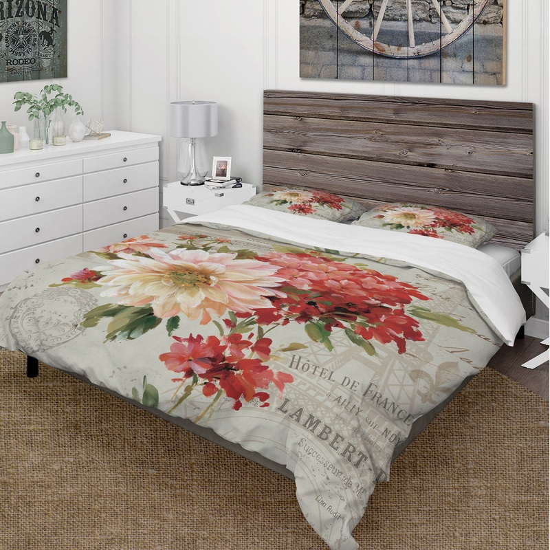 Red Painted Flowers on Vintage Postcard I - Cottage Duvet Cover Set