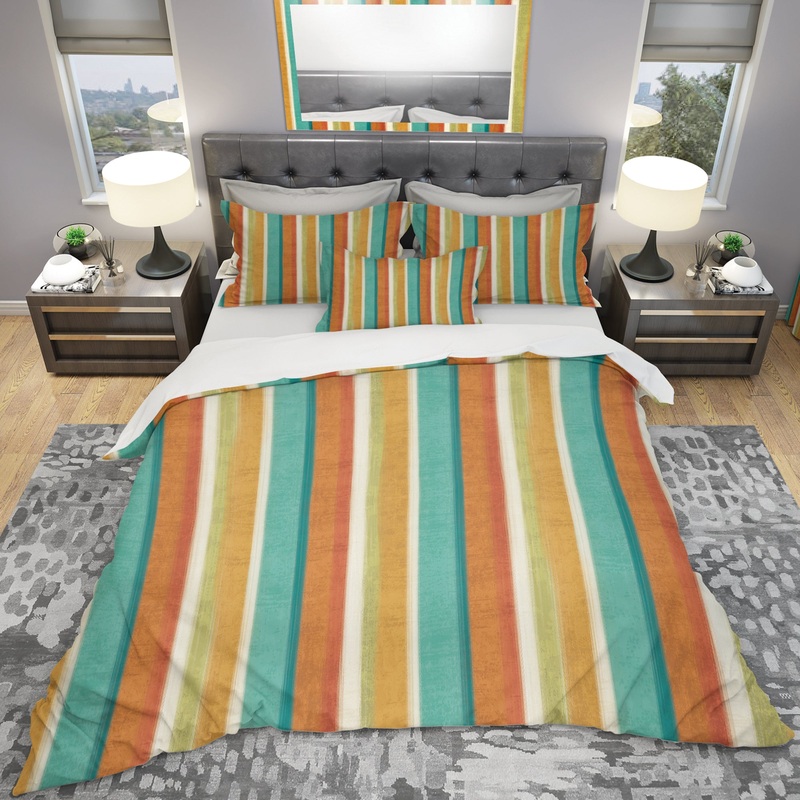 Blue, Green and Orange Vertical Abstract Stripes - Geometric Duvet Cover Set