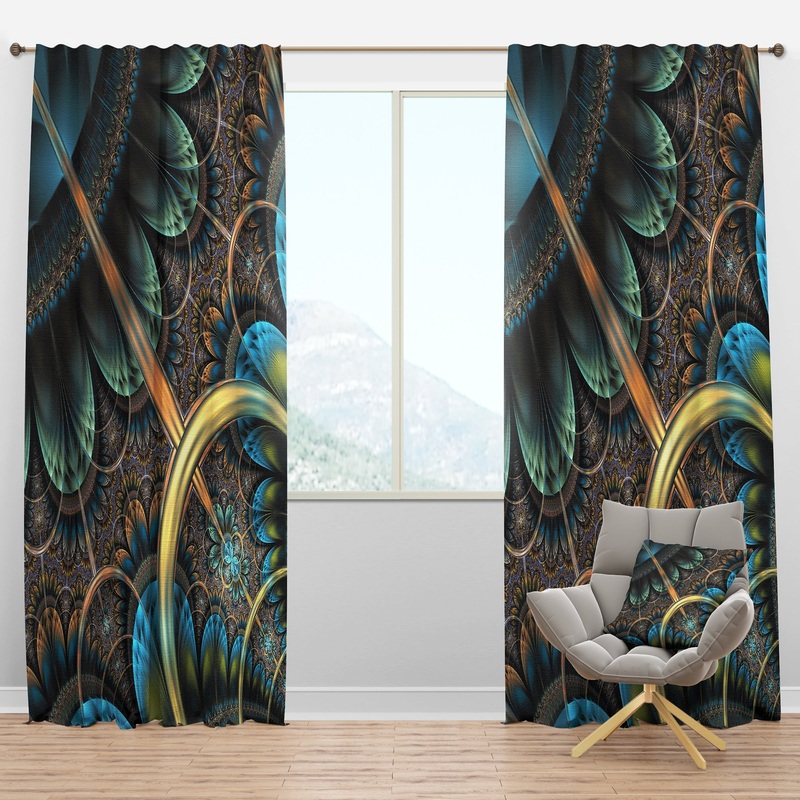Large Blue Brown Fractal Floral Pattern - Floral Curtain Panels