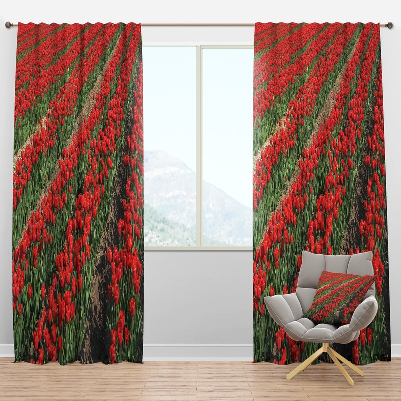 Rows of Red Tulip Flowers - Floral Curtain Panels