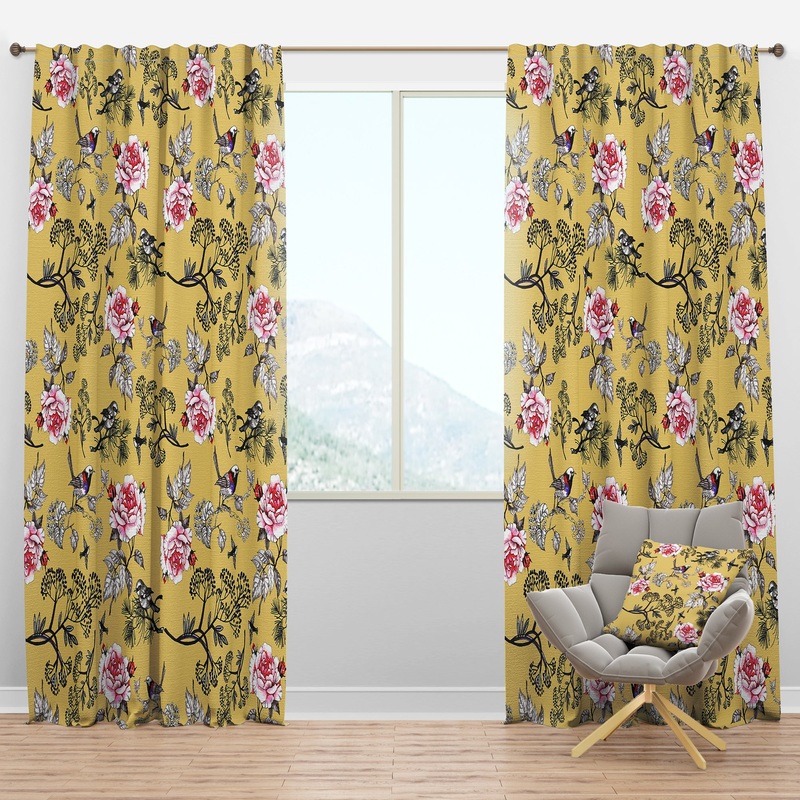 Birds and Pink Roses Floral pattern - Floral Curtain Panels
