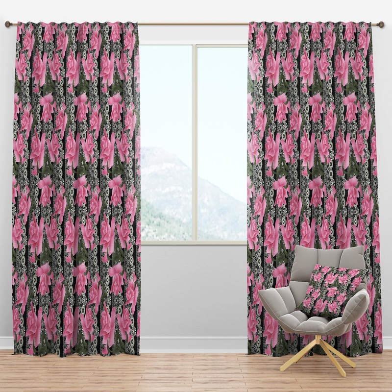 Black Lacy Roses Pattern - Floral Curtain Panels