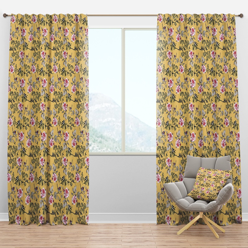 Floral And Birds in Yellow - Floral Curtain Panels