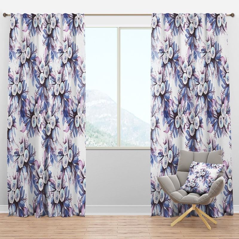 Flowery Purple in White - Floral Curtain Panels