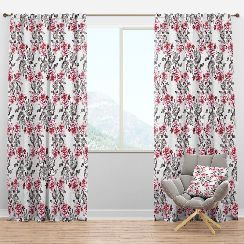 Seamless pattern with red roses - Floral Curtain Panels