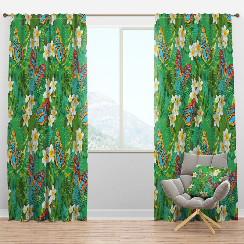 Tropical Pattern with Flowers & Butterflies - Tropical Curtain Panels