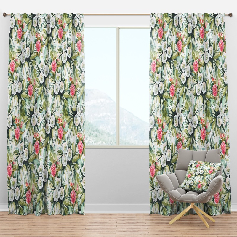 White and Red Roses in Seamless Pattern - Floral Curtain Panels