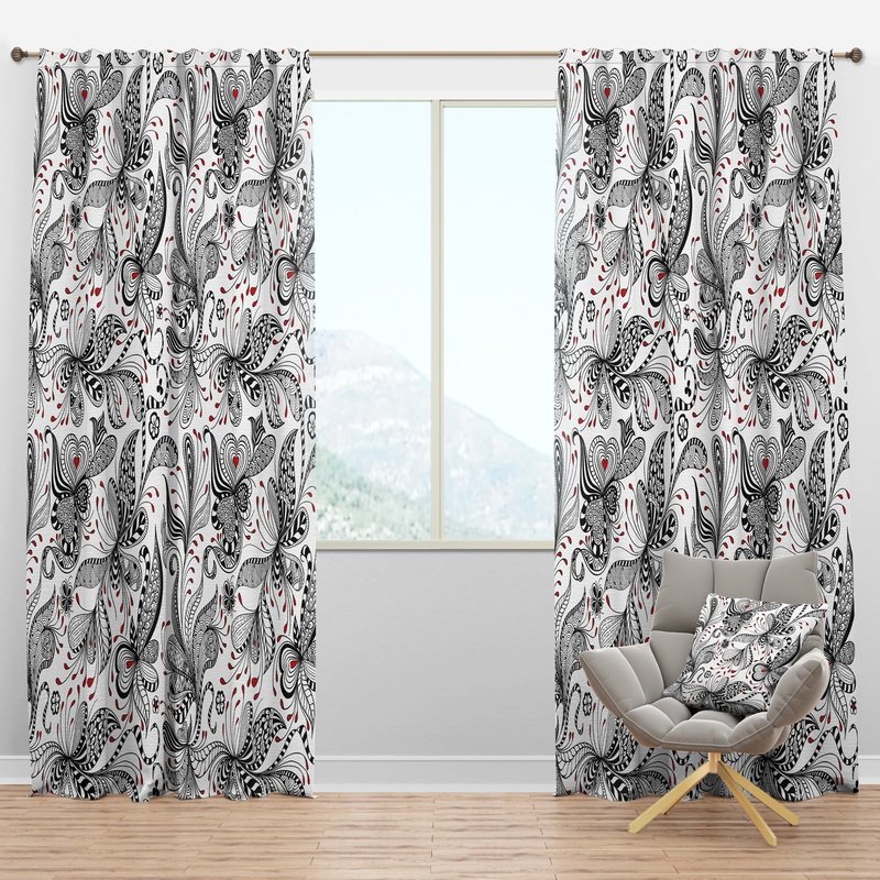 Black & Red Floral Pattern - Bohemian & Eclectic Curtain Panels