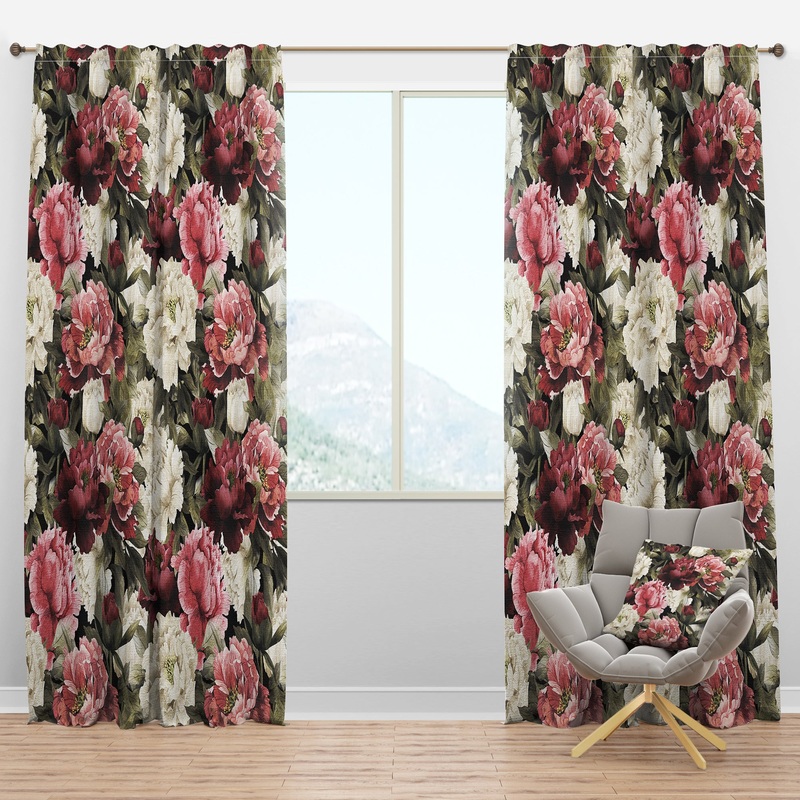 Floral Pattern with Peonies - Bohemian & Eclectic Curtain Panels
