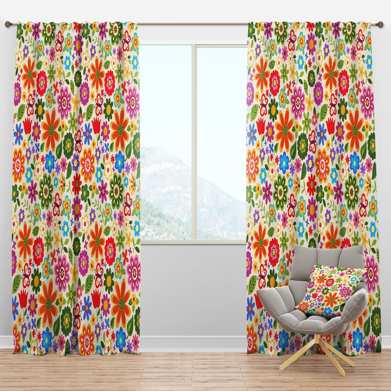 Retro Flower Pattern - Bohemian & Eclectic Curtain Panels
