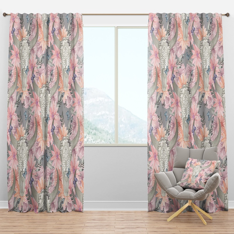 Skull Bull in Flowers - Bohemian & Eclectic Curtain Panels