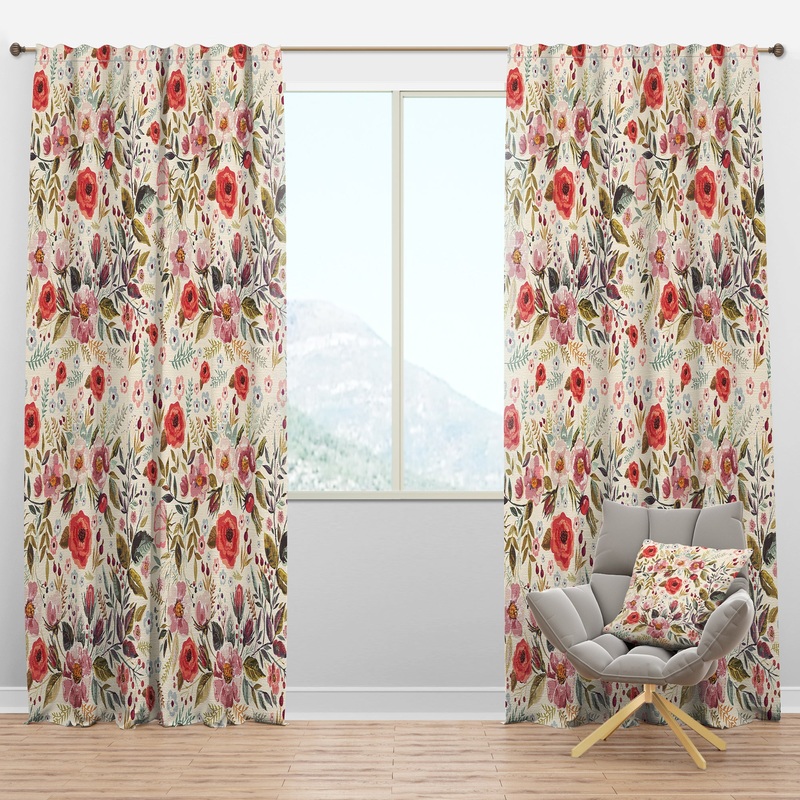 Vintage Red Pink Flower and Leaves - Rustic Curtain Panels