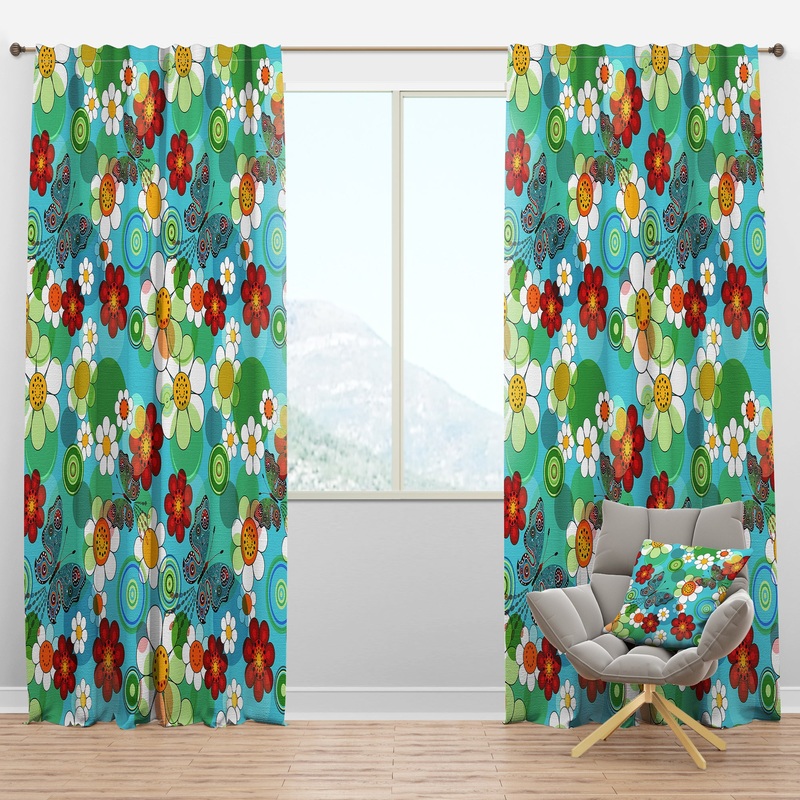Vivid Blue Floral Pattern - Bohemian & Eclectic Curtain Panels