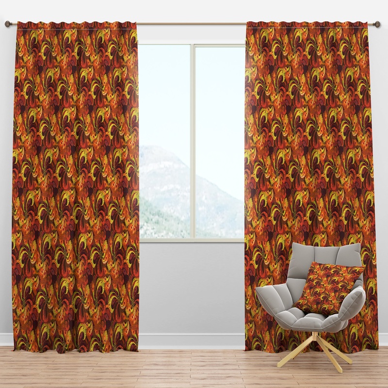 Beautiful Golden Orange & Red Peacock Feathers - Bohemian & Eclectic Curtain Panels