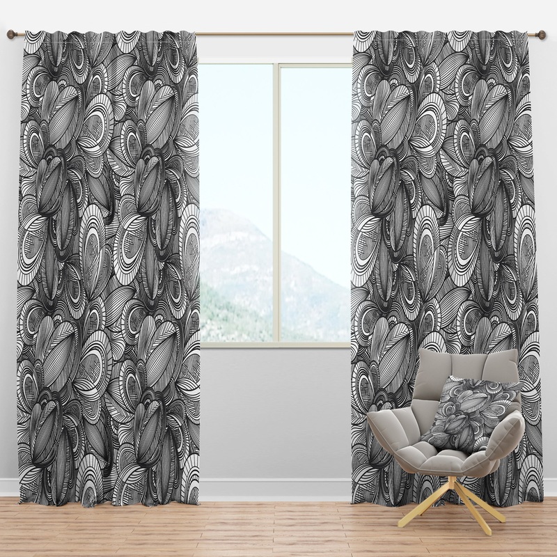 Geometric Leaves in Black and White - Traditional Curtain Panels