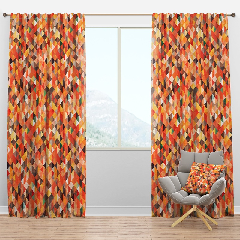 Geometric Triangular in Red and Orange - Traditional Curtain Panels