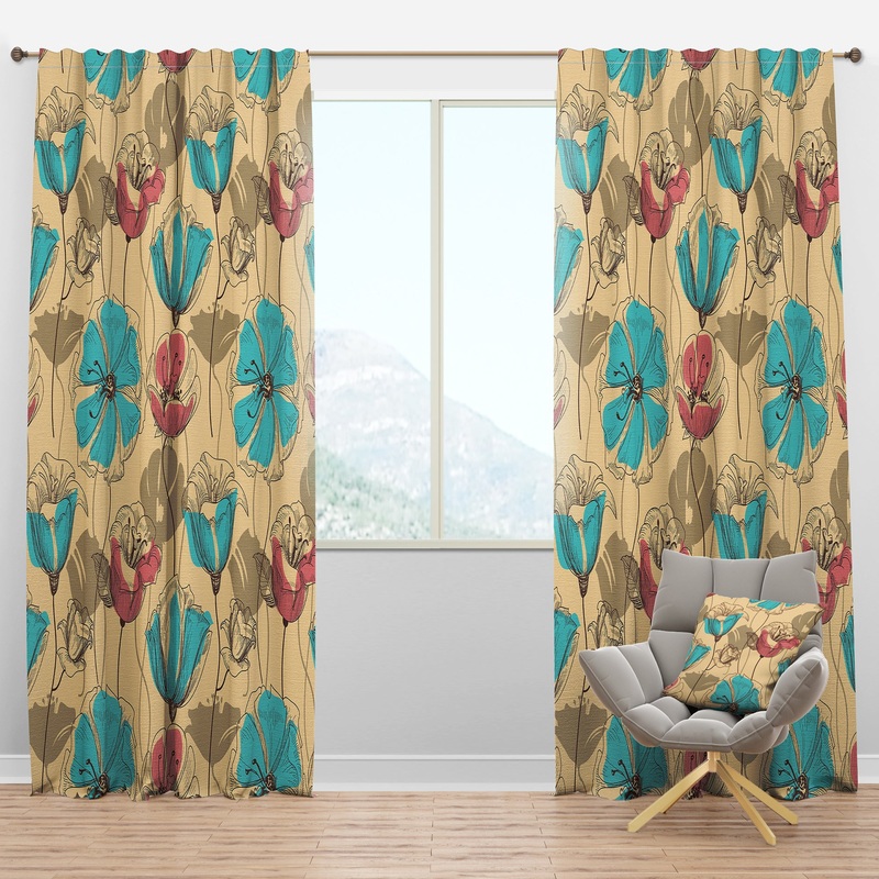 Retro Drawing Flowers in Pink and Blue - Floral Curtain Panels