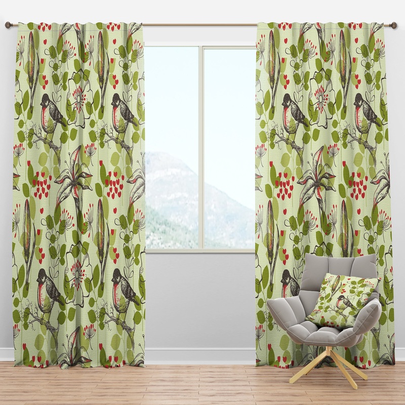 Small Bird and Lilies and Little Hearts - Floral Curtain Panels