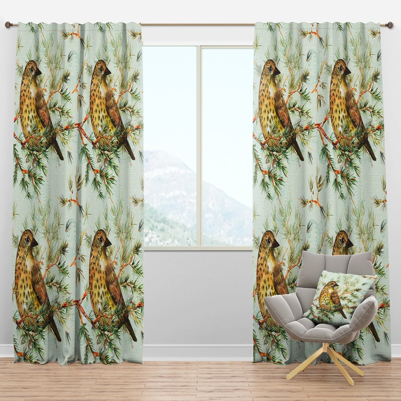 Small Cute Bird on Pine Branch - Animals Curtain Panels
