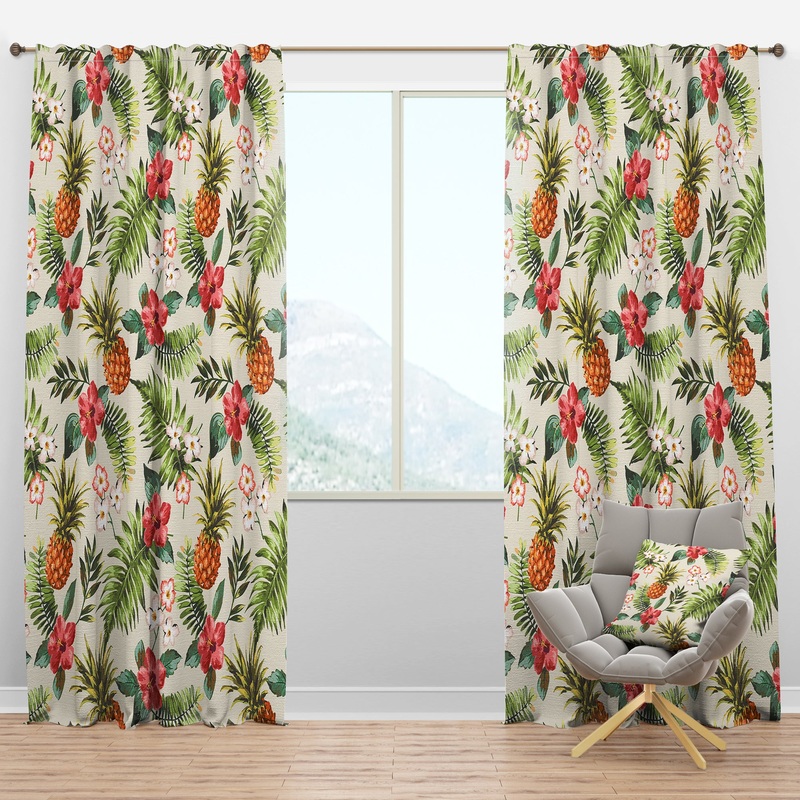Vintage Pineapple with Tropical Flowers - Floral Curtain Panels