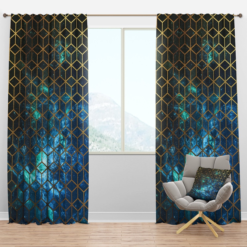 Yellow Cubes over Blue Cosmic - Modern & Contemporary Curtain Panels