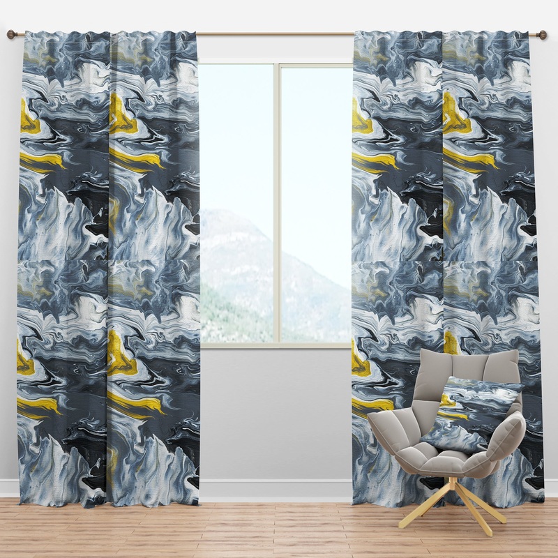 Yellow, grey and White Hand Painted Marble Acrylic - Mid-Century Modern Curtain Panels