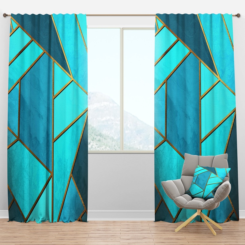 Yellow Triangular Geometry overShades of Cyan - Modern & Contemporary Curtain Panels