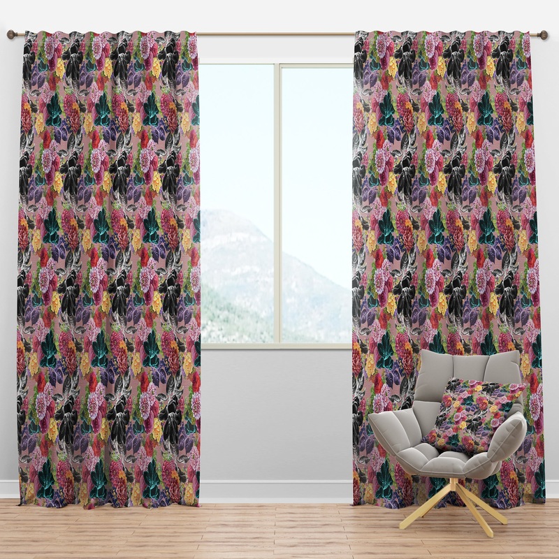 Black Chrysanthemum And Blooming Roses - Floral Curtain Panels