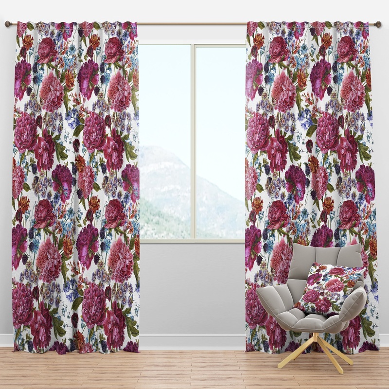 Blooming Burgundy Peonies - Floral Curtain Panels