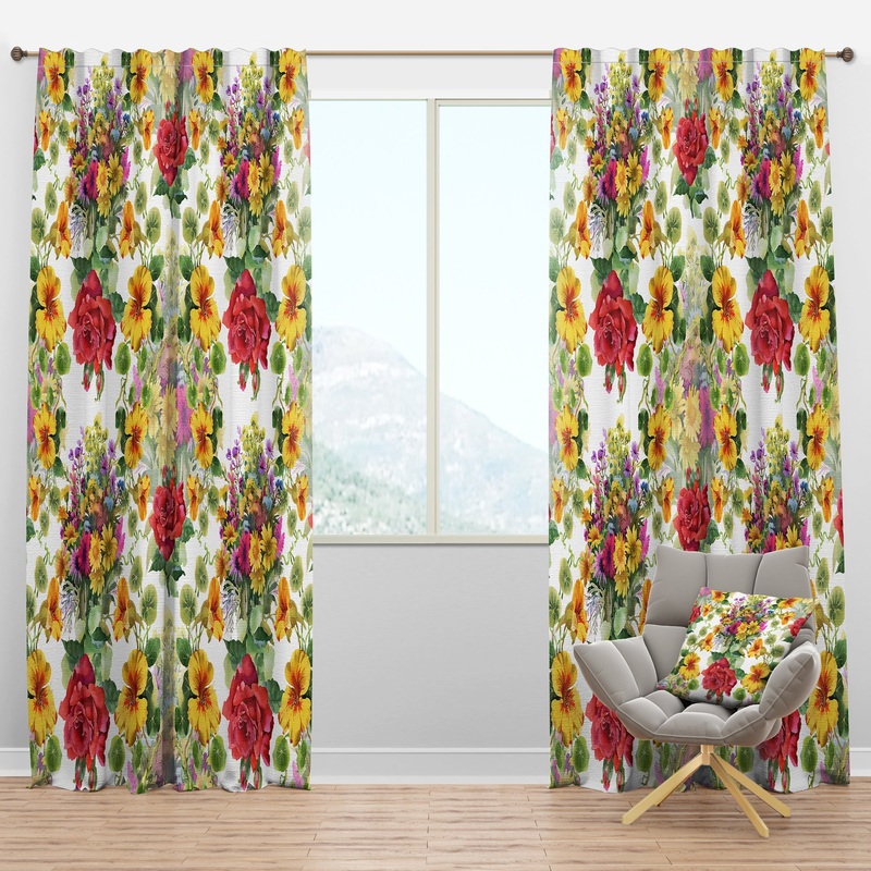 Blooming Red Roses And Hibiscus - Floral Curtain Panels