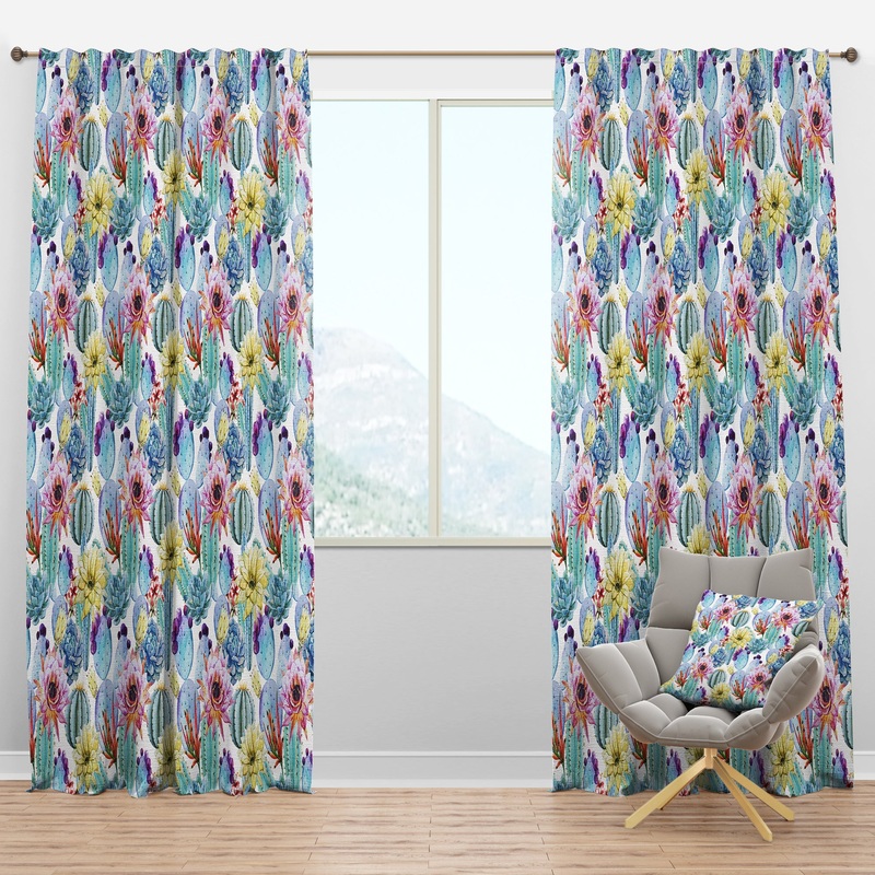 Blossoming Cactus with Tropical Flower - Floral Curtain Panels