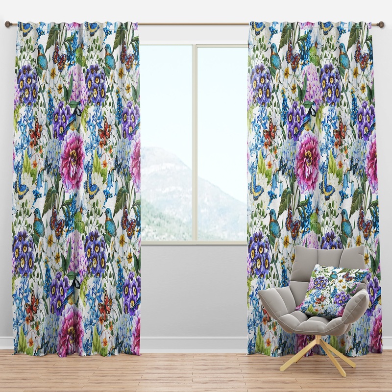 Blue Bird And Blue and Purple Blossoming Flowers - Floral Curtain Panels
