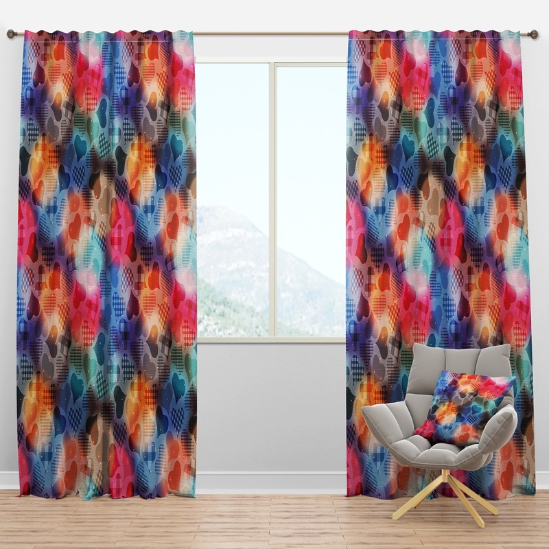 Floating Hearts with Squared Pattern - Modern & Contemporary Curtain Panels
