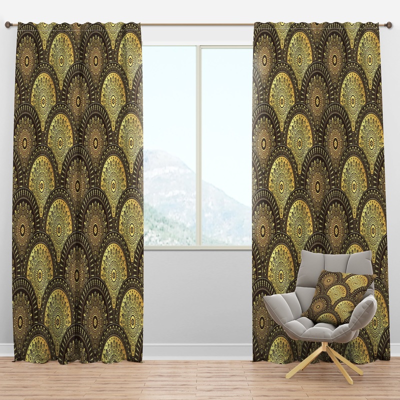Golden Circular Pattern I - Mid-Century Modern Curtain Panels