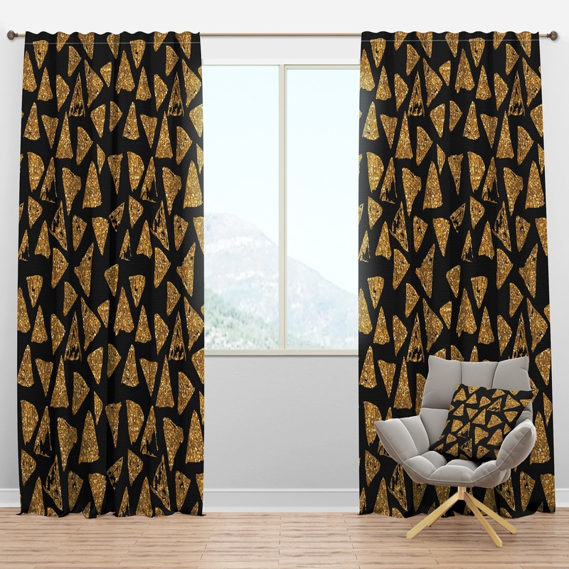 Golden Glitter Triangles on Black - Modern & Contemporary Curtain Panels
