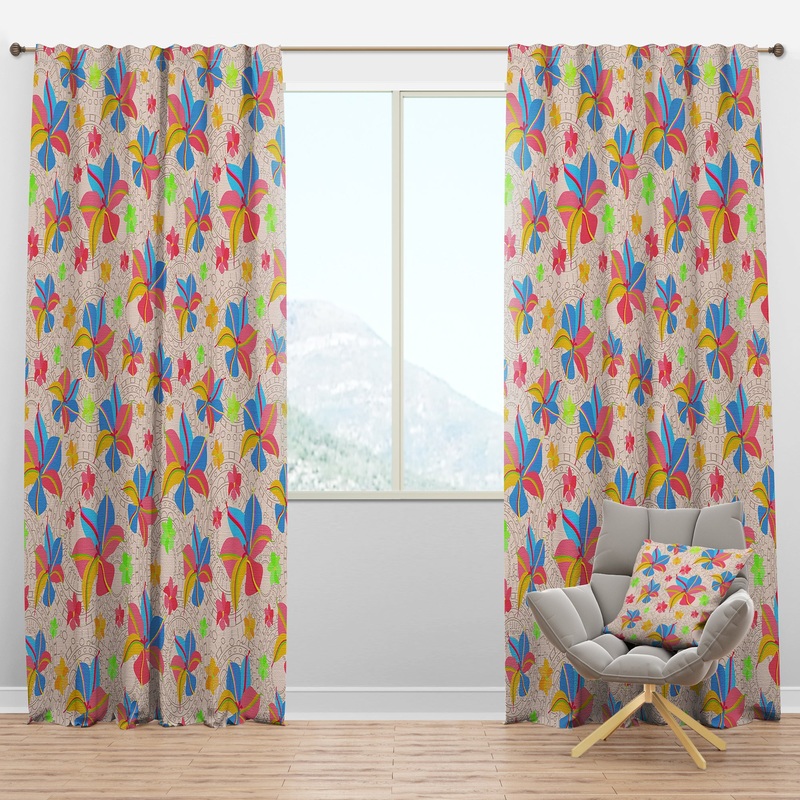 Retro Pink Yellow Flowers - Mid-Century Modern Curtain Panels