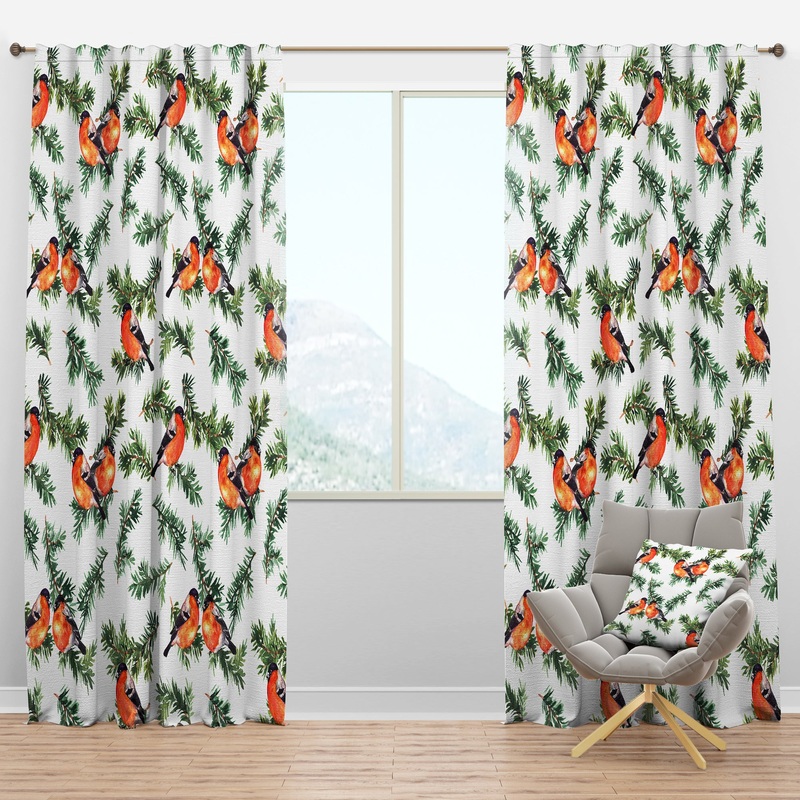 Robin Birds On Pine Branch - Animals Curtain Panels