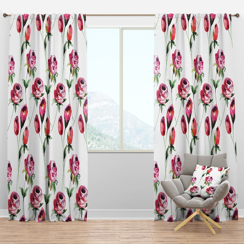 Roses Flowers Pattern - Mid-Century Modern Curtain Panels