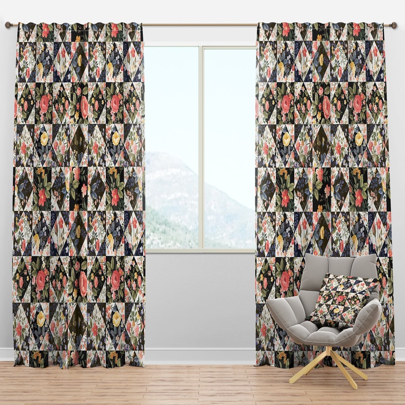 Roses Geometric Patchwork - Floral Curtain Panels