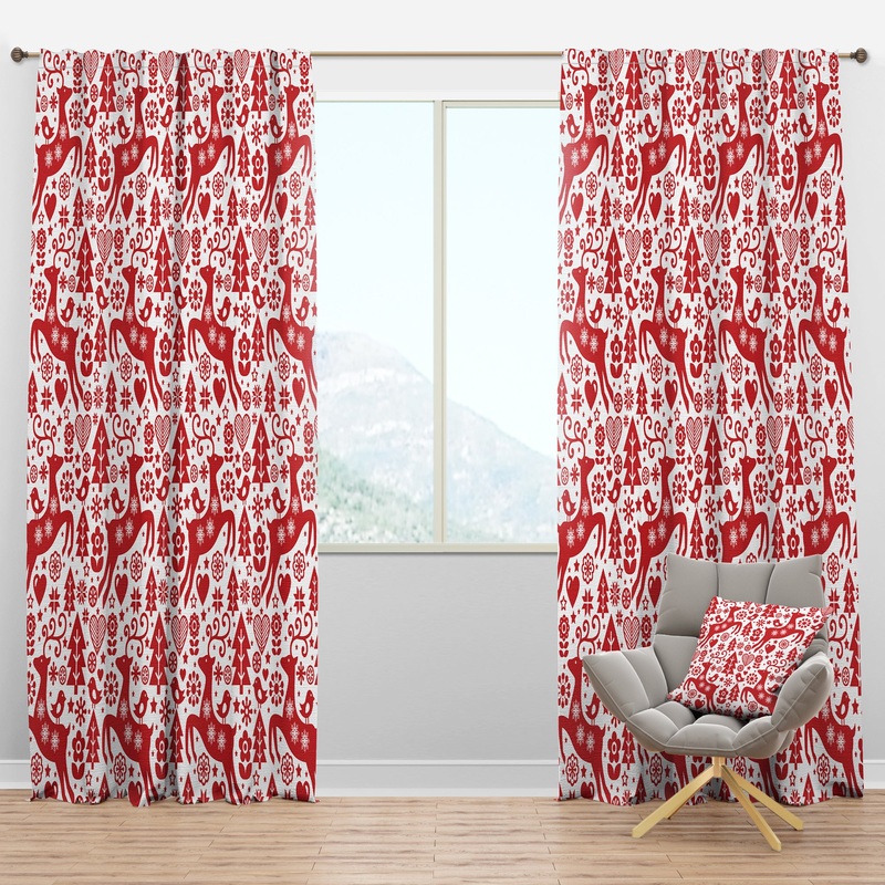 Scandinavian Raindeed with Little Birds And Christmas Tree - Animals Curtain Panels