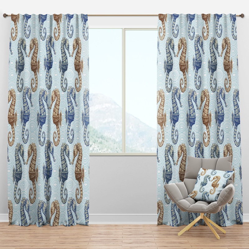 Sea horse couple in deep sea - Coastal Curtain Panels