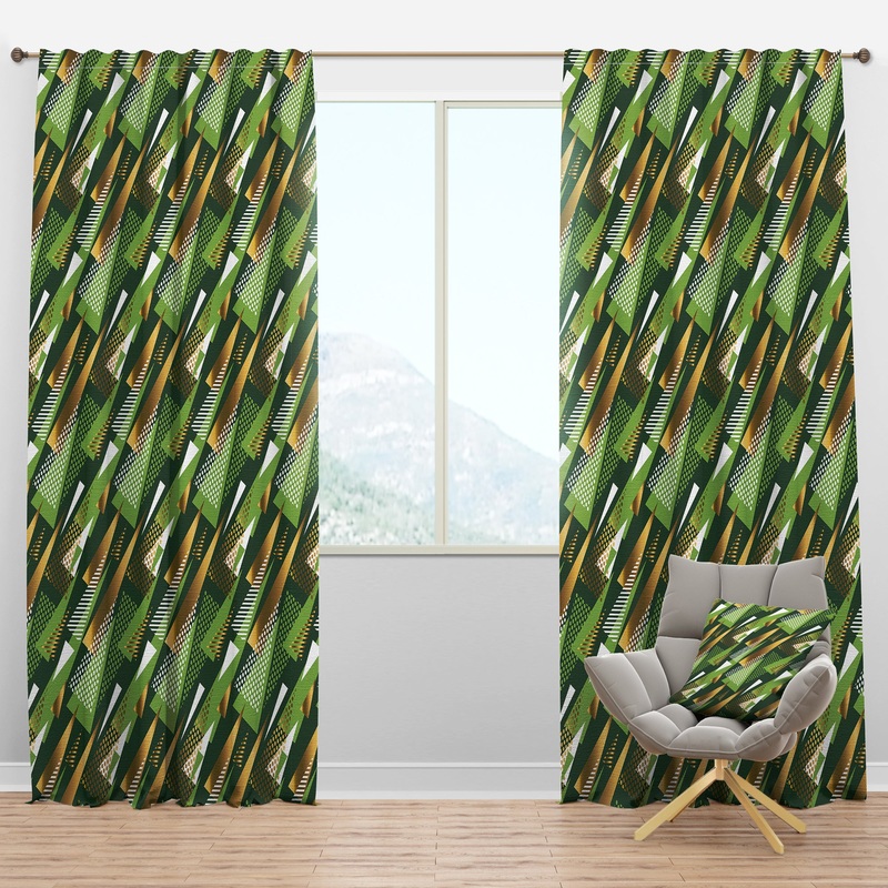 Triangular Gold and Green Design I - Mid-Century Modern Curtain Panels
