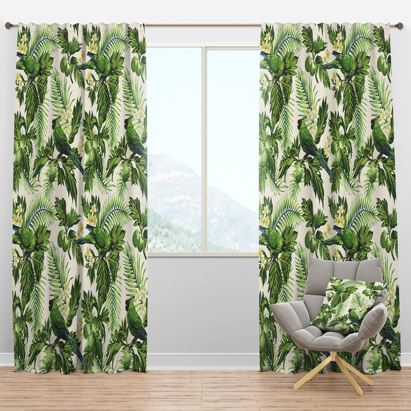 Tropical Leaves, Green Bird and White Flowers - Animals Curtain Panels