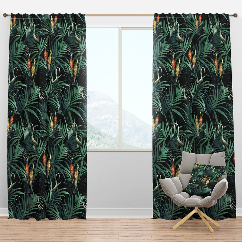 Tropical Yellow Birds On Black With Green Jungle Leaves - Abstract Curtain Panels