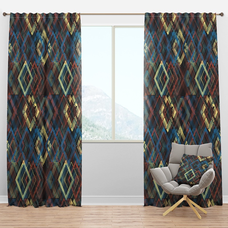 Vintage yellow blue and blue diamond squares - Mid-Century Modern Curtain Panels