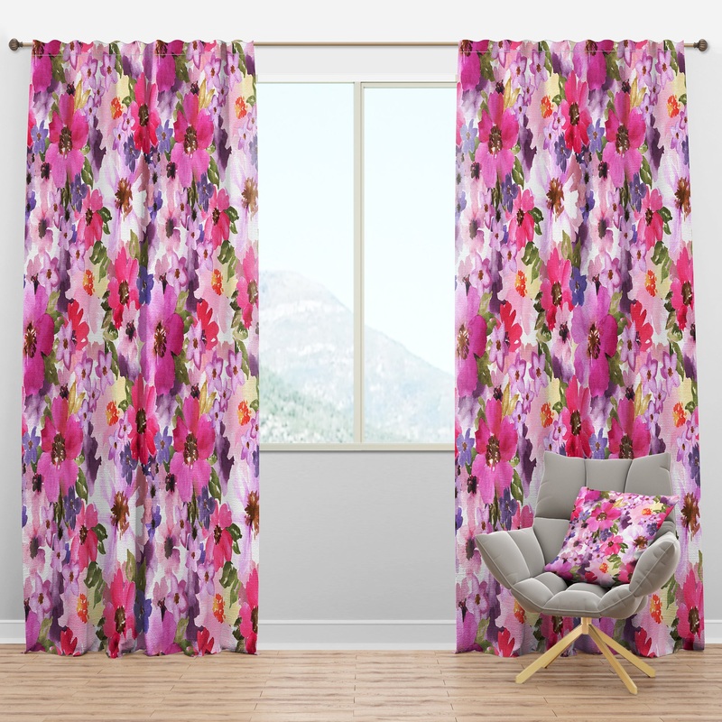 Watercolor Pianted Pink and Purple Flowers - Floral Curtain Panels