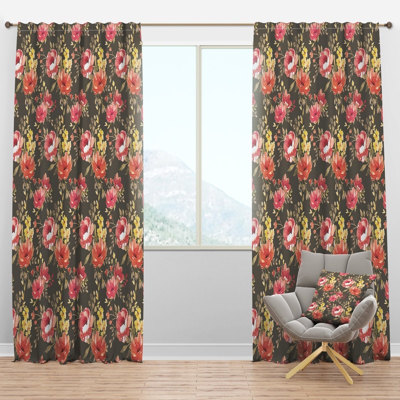 Watercolor Pink, Yellow and Red Flowers - Floral Curtain Panels