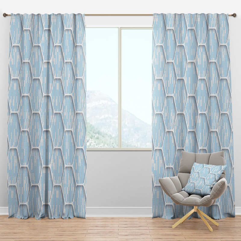White and Blue 3D Honeycombs - Modern & Contemporary Curtain Panels
