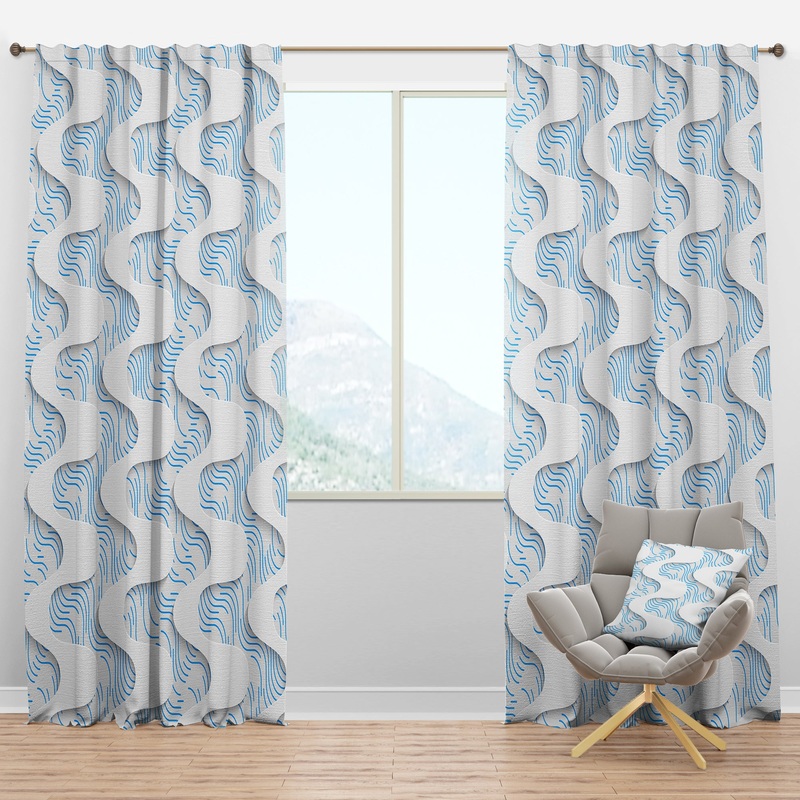White and Blue 3D Waves - Modern & Contemporary Curtain Panels